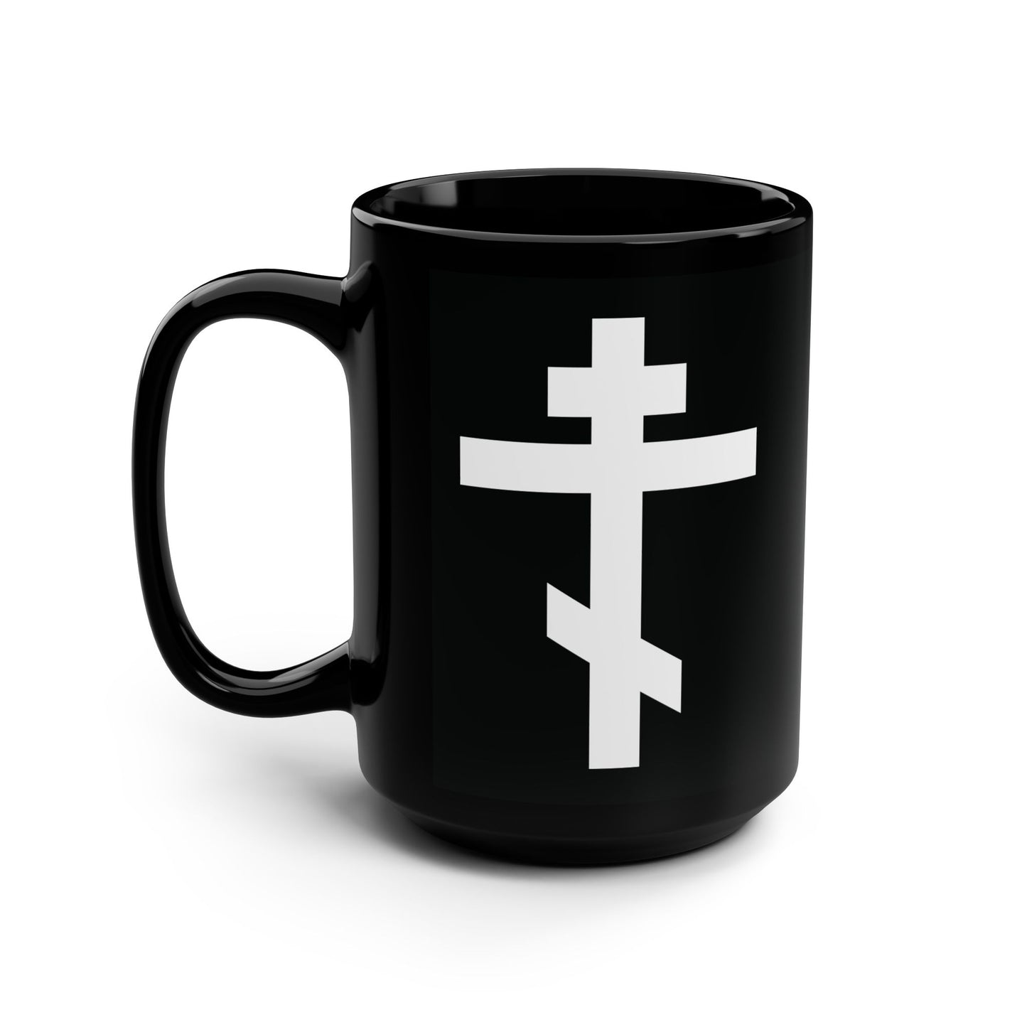 Black mug featuring a white Orthodox cross and the quote "May I never boast, except in the cross of our Lord Jesus Christ" (Gal 6:14), inspired by St. John of Kronstadt. Photographed on a white background.