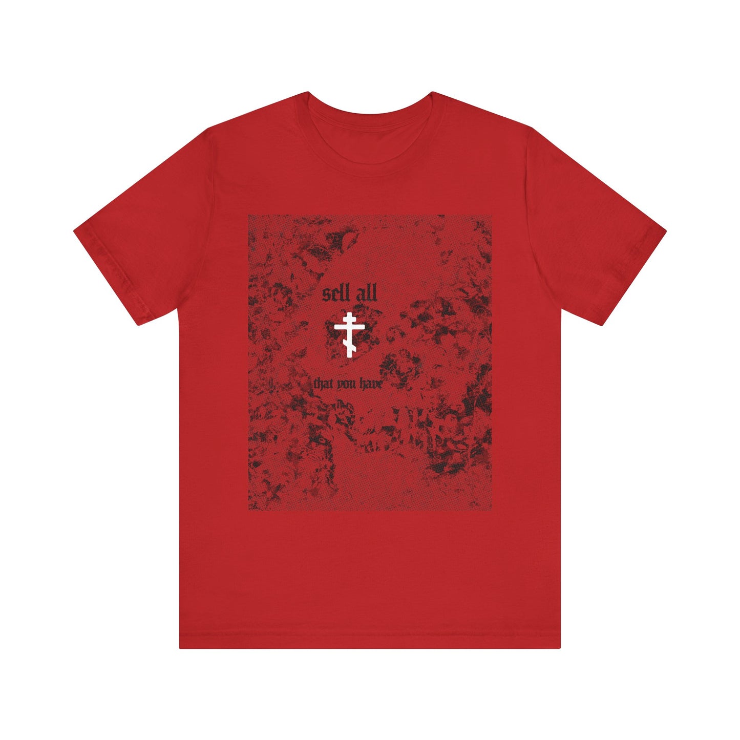 Sell All That You Have (Matthew 19:21) Red Halftone Skull and White Orthodox Cross Christian Unisex T-Shirt—a red lightweight cotton shirt featuring a black halftone skull, a white Orthodox cross, and the inspirational message "sell all that you have," inspired by Matthew 19:21 and the pursuit of eternal life.