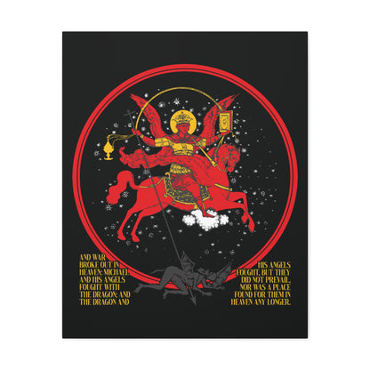 Archangel Michael of the Apocalypse Icono-Graphic shows Michael riding a red horse, defeating Satan as a dragon, with gold text on black. Christian canvas art inspired by the War in Heaven (Rev 12:7-9): Satan Cast Out.