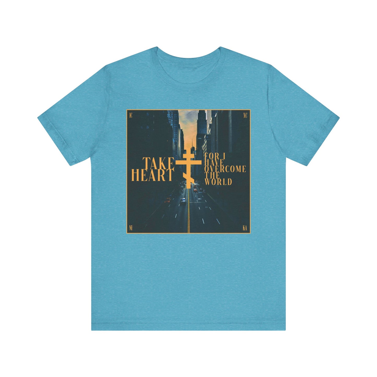 Take Heart, For I Have Overcome the World (John 16:33) | Redemptive Modern City Street Scene Design | Lightweight Cotton Unisex Tee