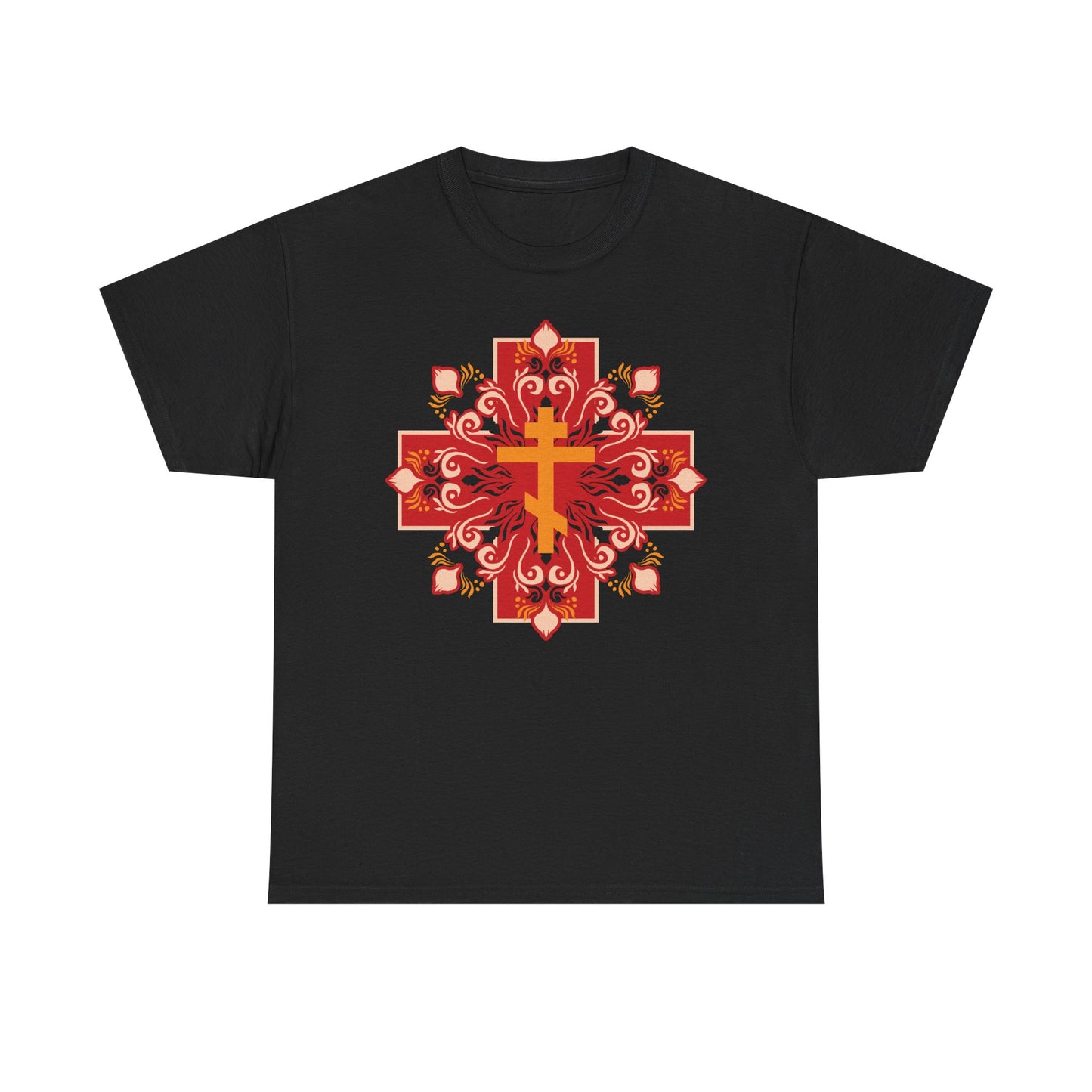 Black t-shirt featuring an orange and red Orthodox cross with a colorful festive design and the message "By His Wounds You Have Been Healed" (1 Peter 2:24), reflecting faith and Orthodox Christian tradition.