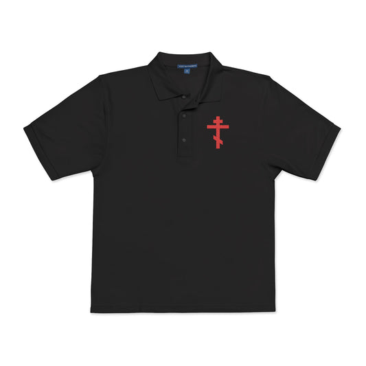 Embroidered Red Orthodox Cross | "May I never boast, except in the cross of our Lord Jesus Christ" (Gal 6:14) | Christian Polo Shirt