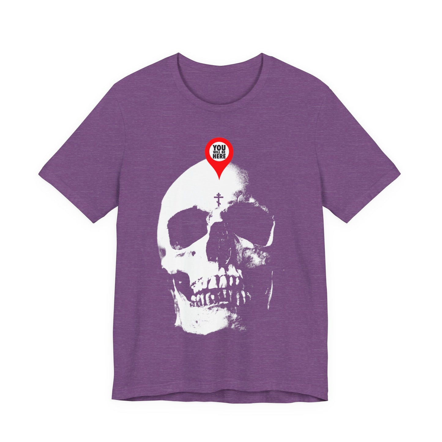 Purple t-shirt featuring the "You Will Be Here Maps Marker on Skull" design with a white skull and red pin reading YOU ARE HERE—a Memento Mori Orthodox Christian T-shirt inspired by themes of reflection and remembrance.