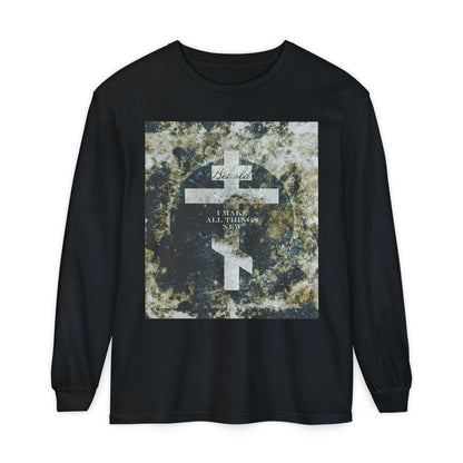 Behold, I Make All Things New | Revelation 21:5 | Cosmic Textured Orthodox Cross | Parousia | Orthodox Christian Long Sleeve Shirt