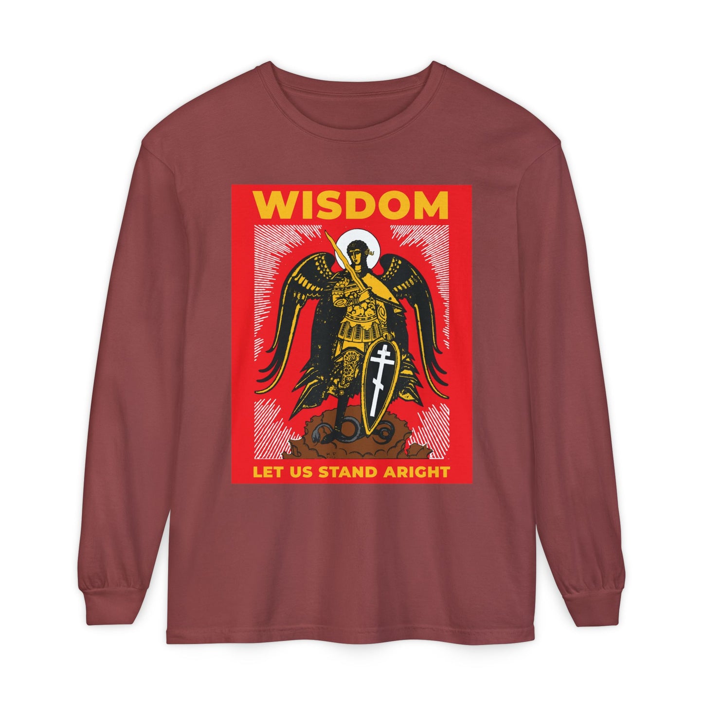 Brick long-sleeve cotton shirt featuring a Russian illustration of Archangel Michael with shield and sword, inspired by Revelation 12, with the text: WISDOM, LET US STAND ARIGHT. Orthodox Christian design.