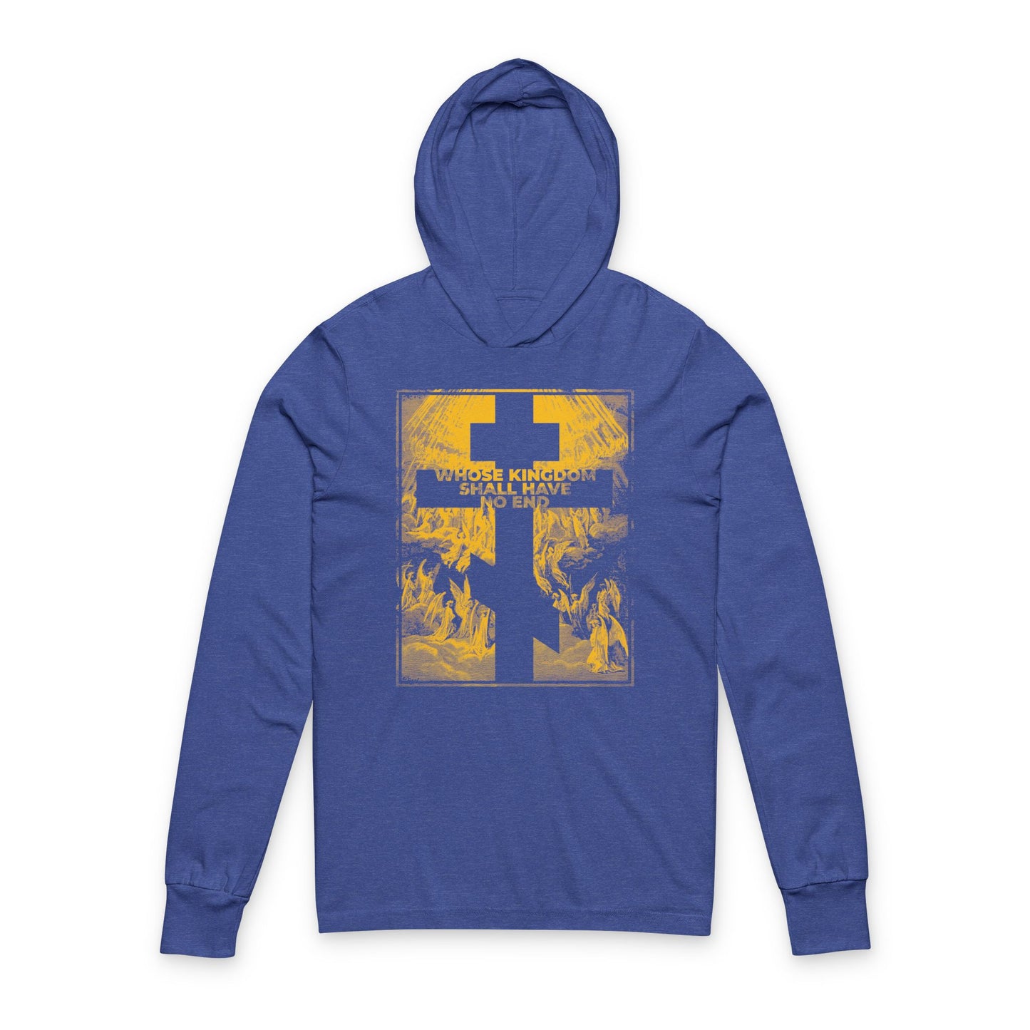 Heather true royal Orthodox hooded shirt inspired by the Nicene Creed, featuring a gold cross and "The whole kingdom shall have no end"—a bold statement of faith. Design includes Gustave Dore etching details.