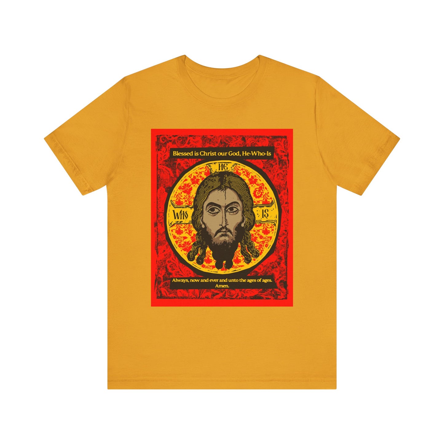 Mustard tee featuring the "Made Without Hands" (Mandylion/Image of Edessa) Orthodox icon of Jesus Christ in a red and gold style, inspired by Troparion art. Lightweight unisex cotton with graphic design.