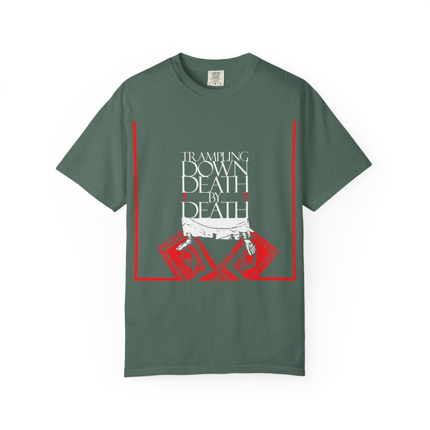 Blue Spruce heavyweight cotton unisex tee featuring "Trampling Down Death By Death" text, iconographic Jesus' feet on Gates of Hades artwork, and celebrating Pascha Resurrection in Orthodox tradition.