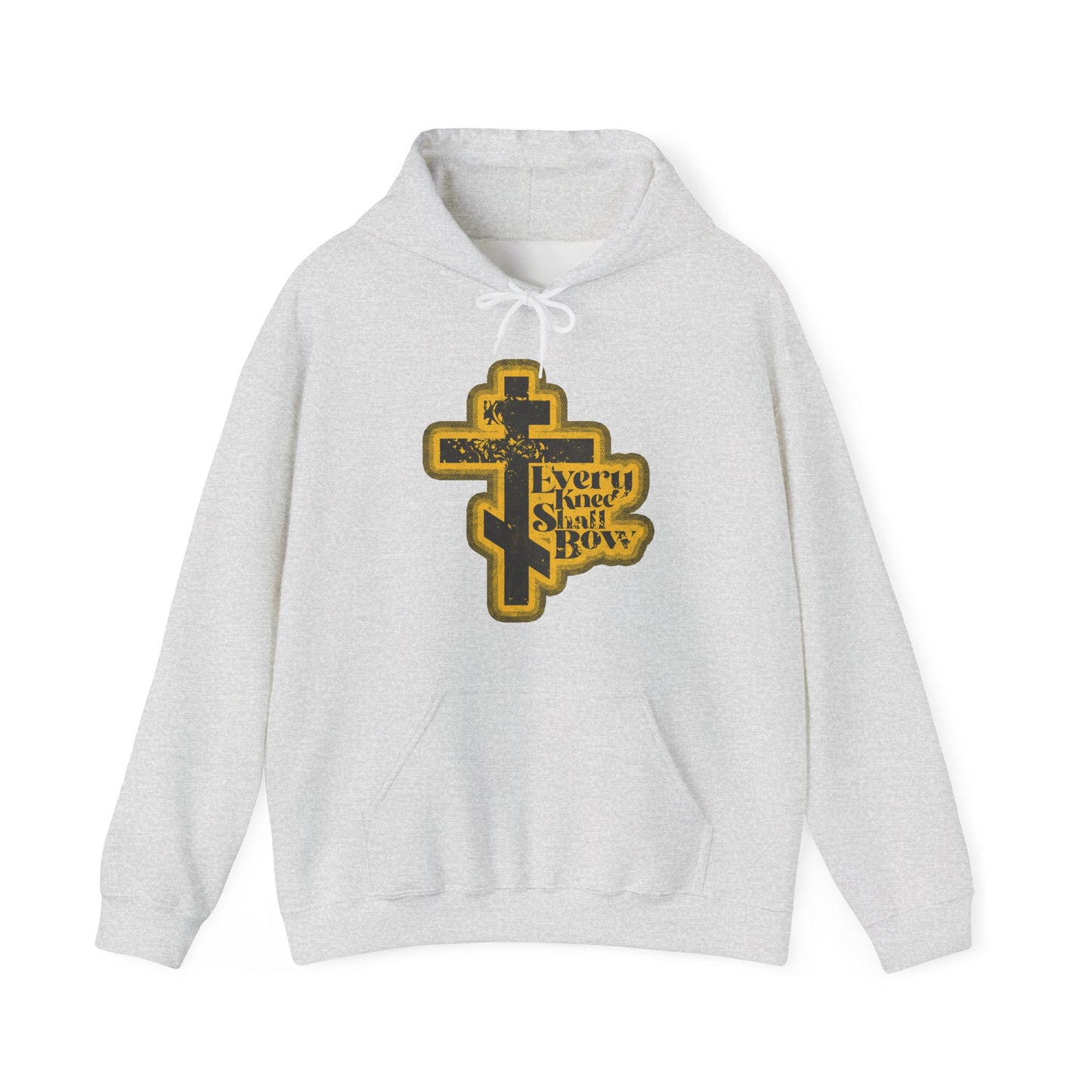 Ash hoodie with a gold-outlined Orthodox cross and "Every Knee Shall Bow" on the front, inspired by Philippians 2:10-11 and Isaiah 45:23, in a 70s distressed halftone comic book style. Orthodox Christian message boldly displayed.