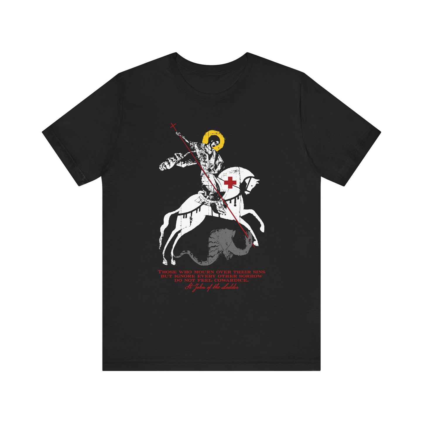 Introducing the “Those Who Mourn Over Their Sins” black unisex tee—a lightweight cotton shirt featuring a striking graphic of St George slaying the dragon, accented with a yellow halo, red cross, and bold red text beneath. Inspired by St John Climacus’s reflections on mourning for one’s sins and Orthodox Christian themes of spiritual sorrow according to God.