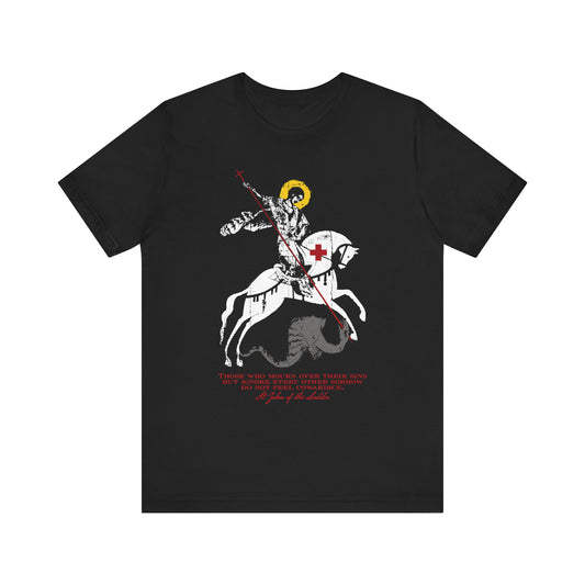 Introducing the “Those Who Mourn Over Their Sins” black unisex tee—a lightweight cotton shirt featuring a striking graphic of St George slaying the dragon, accented with a yellow halo, red cross, and bold red text beneath. Inspired by St John Climacus’s reflections on mourning for one’s sins and Orthodox Christian themes of spiritual sorrow according to God.