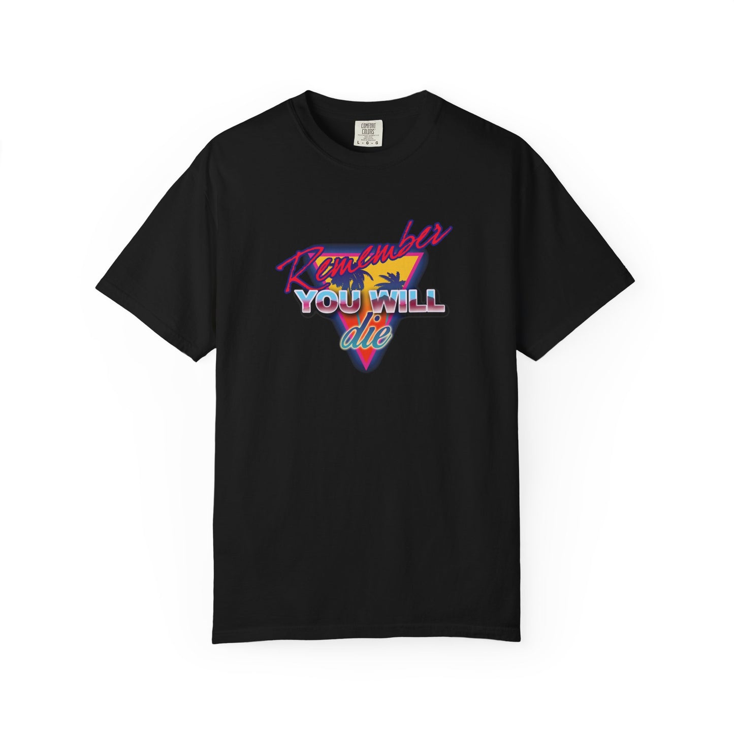 Black heavyweight cotton unisex tee featuring "Remember You Will Die" with palm tree in 80s retro synthwave style. Inspired by memento mori and The Ladder of Divine Ascent, Orthodox-themed.