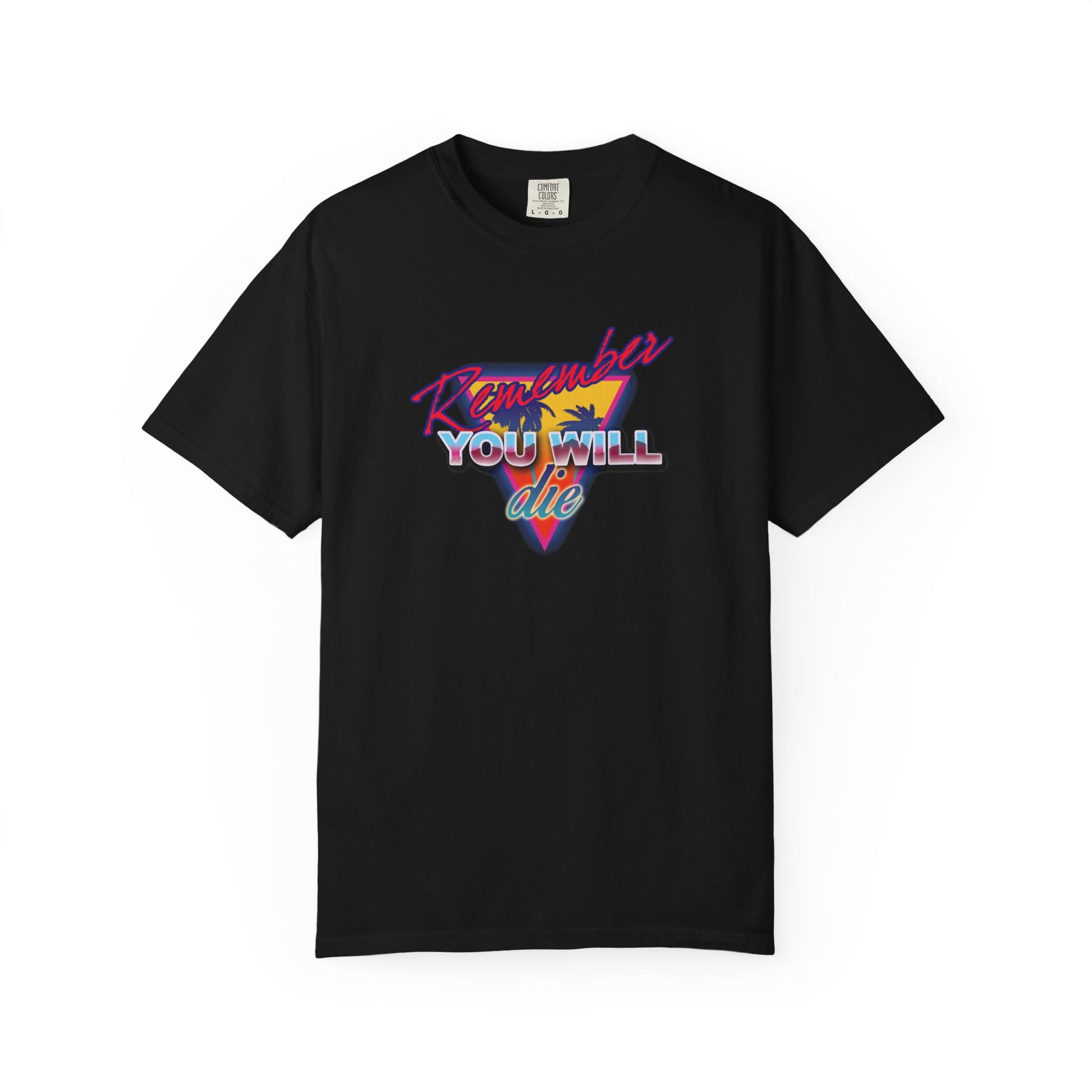 Black heavyweight cotton unisex tee featuring "Remember You Will Die" with palm tree in 80s retro synthwave style. Inspired by memento mori and The Ladder of Divine Ascent, Orthodox-themed.