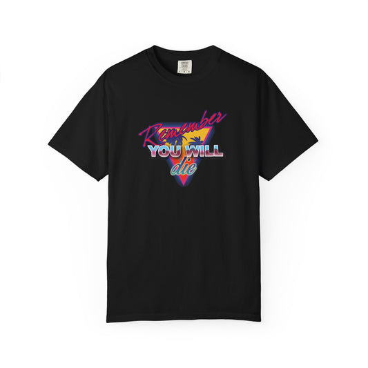 Black heavyweight cotton unisex tee featuring "Remember You Will Die" with palm tree in 80s retro synthwave style. Inspired by memento mori and The Ladder of Divine Ascent, Orthodox-themed.