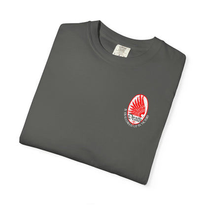 Dark gray Death is Swallowed Up In Victory (1 Cor 15:54) Art Nouveau Eagle Wing & Stars t-shirt with a red wing graphic.