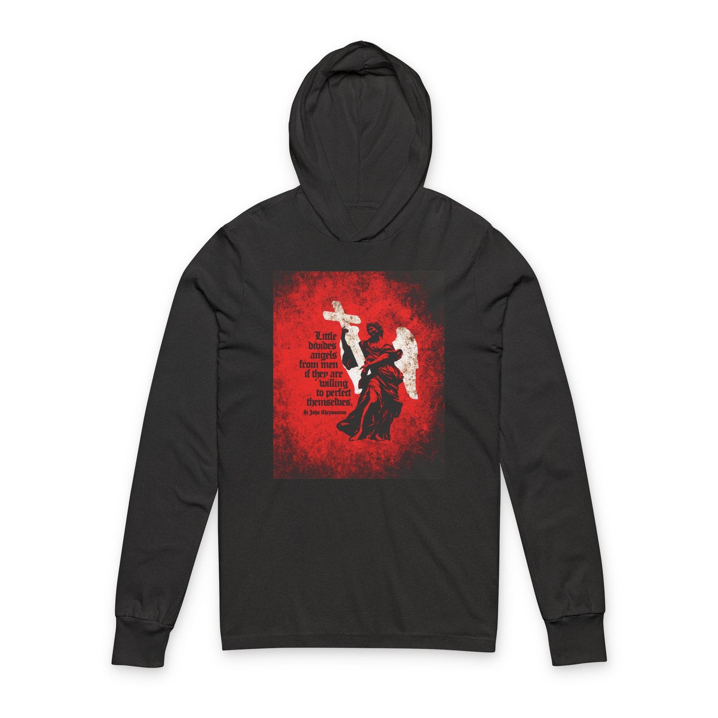 Little Divides Angels from Men | Christian Perfection | St John Chrysostom | Textured Cemetery Angel | Orthodox Long Sleeve Hooded Shirt