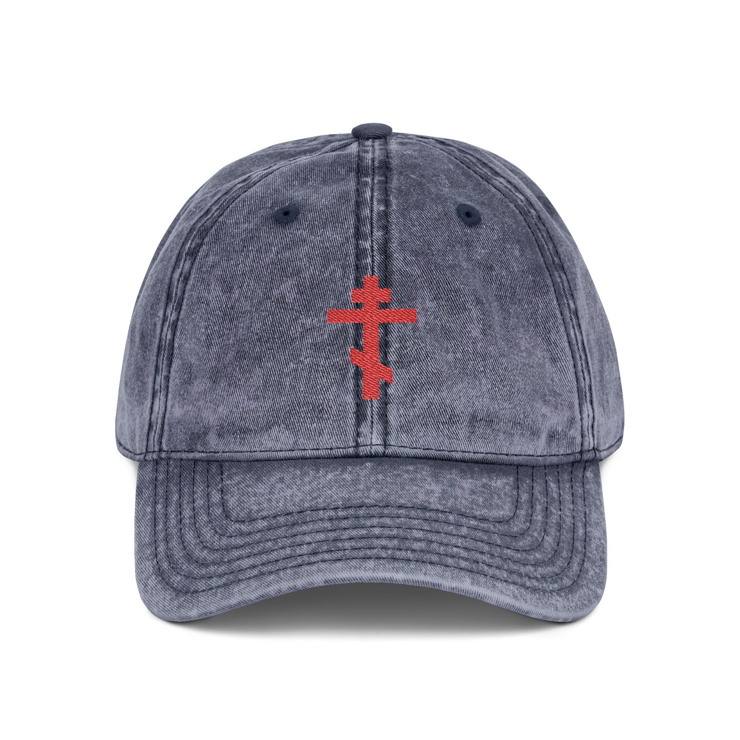 Simple Red-Orange Orthodox TriBar Cross | Crucify My Ego to the Precious and Life Giving Cross | Minimalist Christian Distressed Embroidered Cap