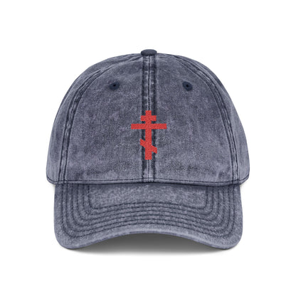 Simple Red-Orange Orthodox TriBar Cross | Crucify My Ego to the Precious and Life Giving Cross | Minimalist Christian Distressed Embroidered Cap