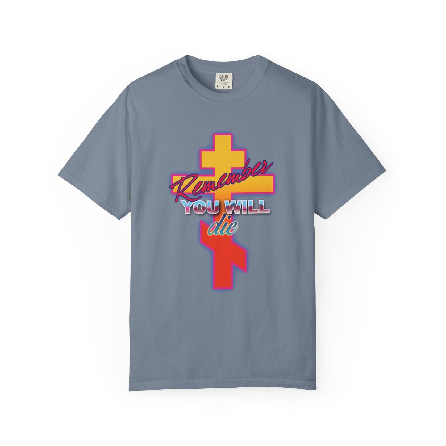 Remember You Will Die 80s Design | Glowing Synthwave Retro Orthodox Cross | Precious Life-Giving Cross | Heavyweight Cotton Unisex T-Shirt