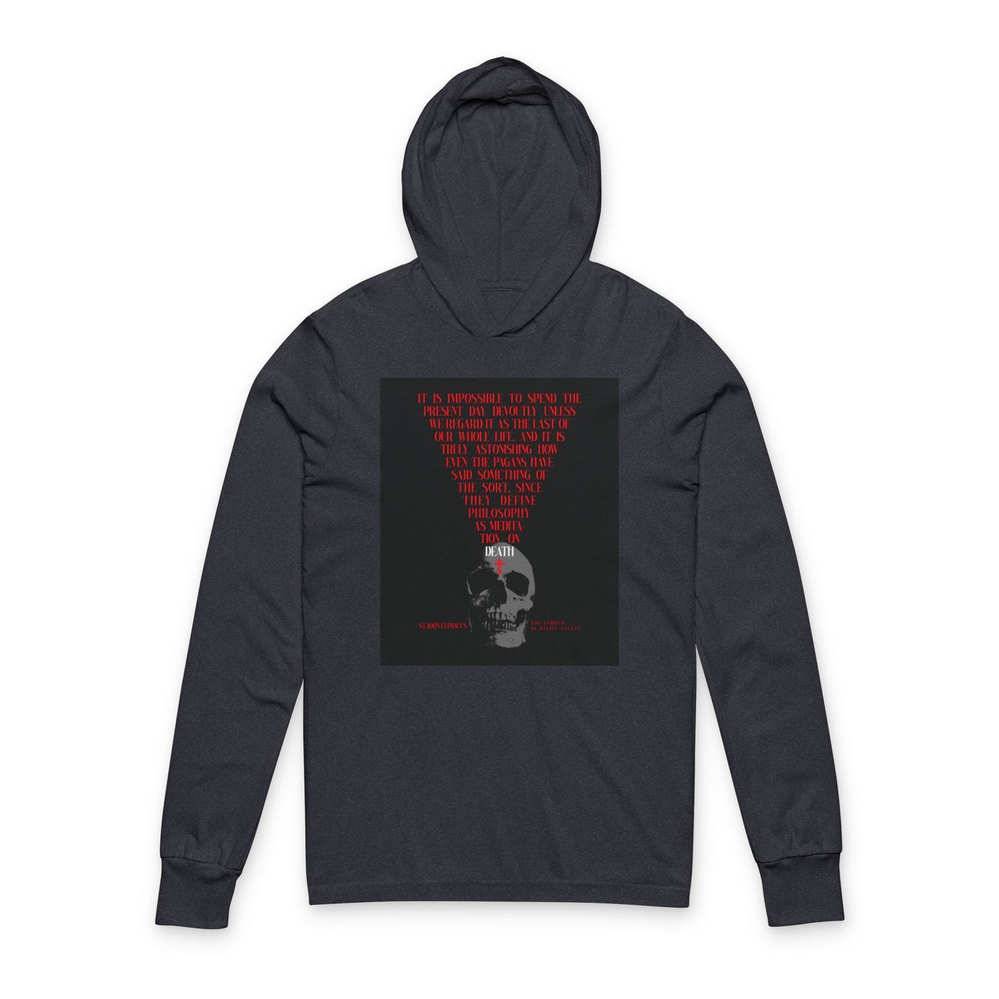 Heather navy hooded cotton shirt featuring a skull with a red Orthodox cross and "Memento Mori" design, inspired by St John Climacus’s teaching to live each day as if it were your last.