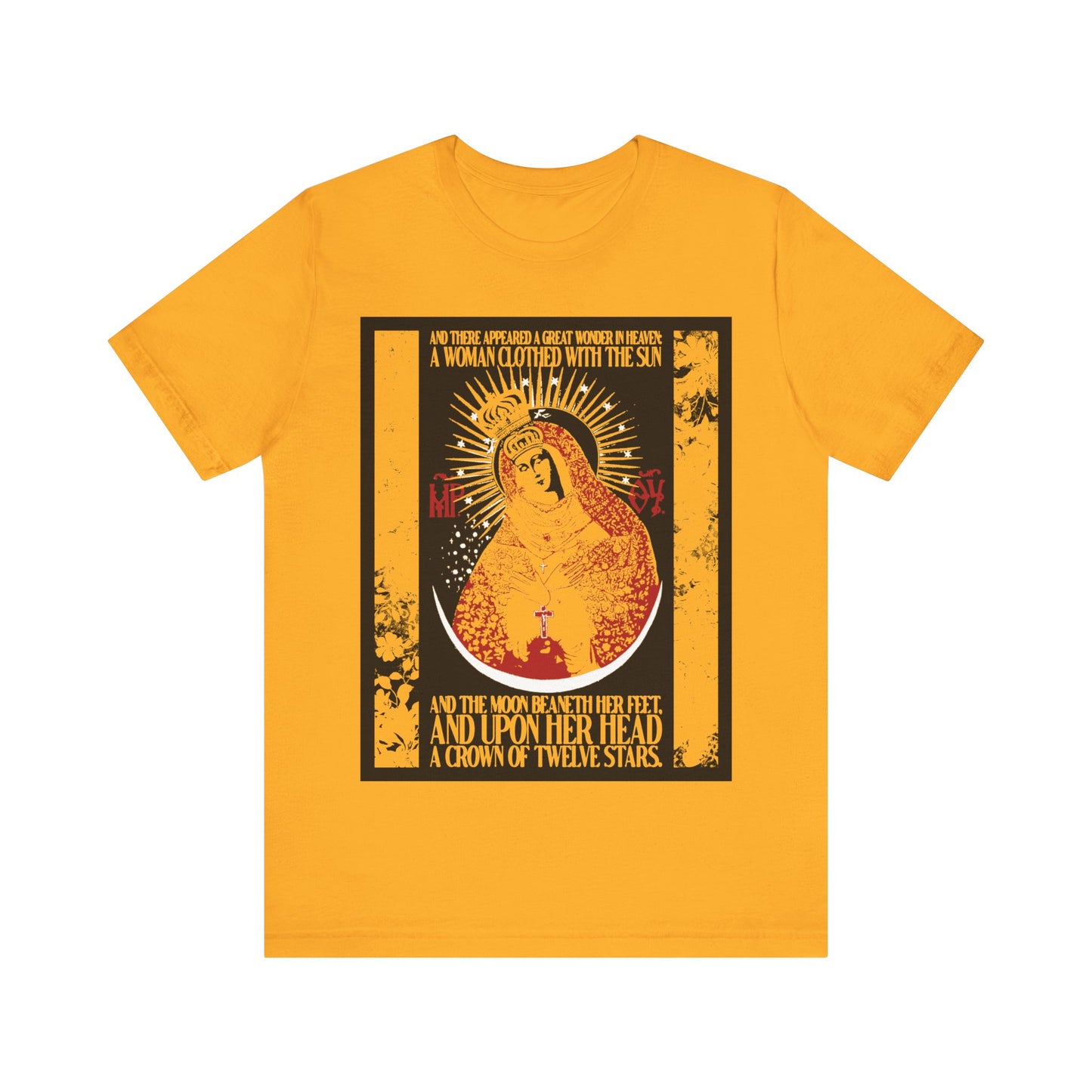 Our Lady the Gate of Dawn | Woman of the Apocalypse Rev 12:1 | Theotokos Gold Floral Texture Design | Orthodox Christian Cotton T-Shirt