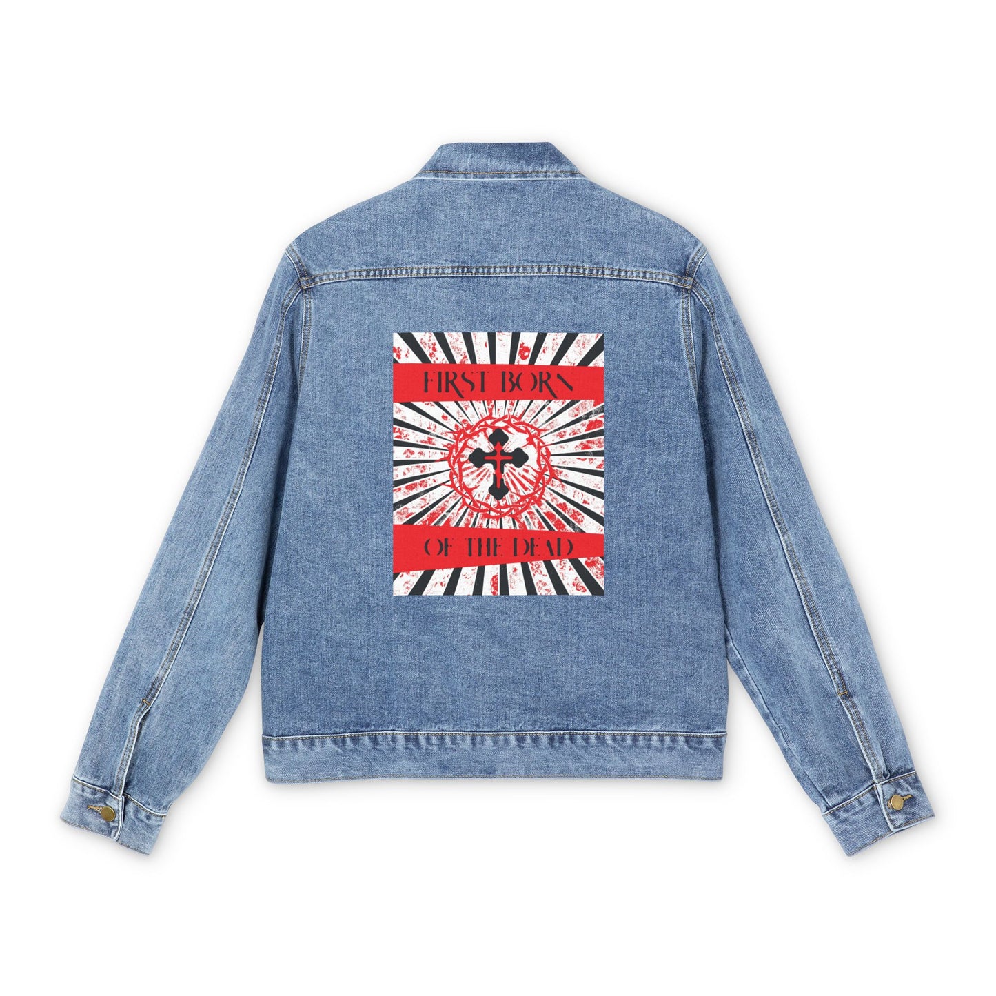 First Born of the Dead | Orthodox Cross Crown of Thorns | Red White and Black Textured Design with Rays | Orthodox Christian Custom Blue Denim Jacket