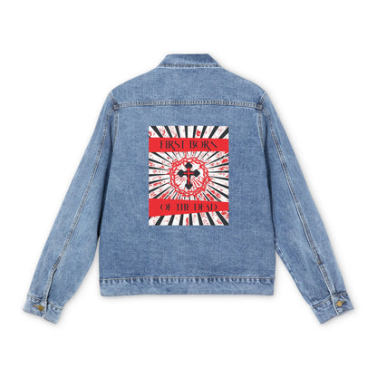 First Born of the Dead | Orthodox Cross Crown of Thorns | Red White and Black Textured Design with Rays | Orthodox Christian Custom Blue Denim Jacket
