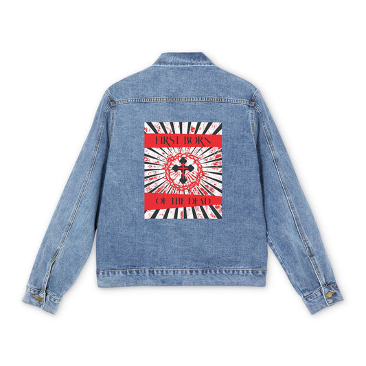 First Born of the Dead | Orthodox Cross Crown of Thorns | Red White and Black Textured Design with Rays | Orthodox Christian Custom Blue Denim Jacket