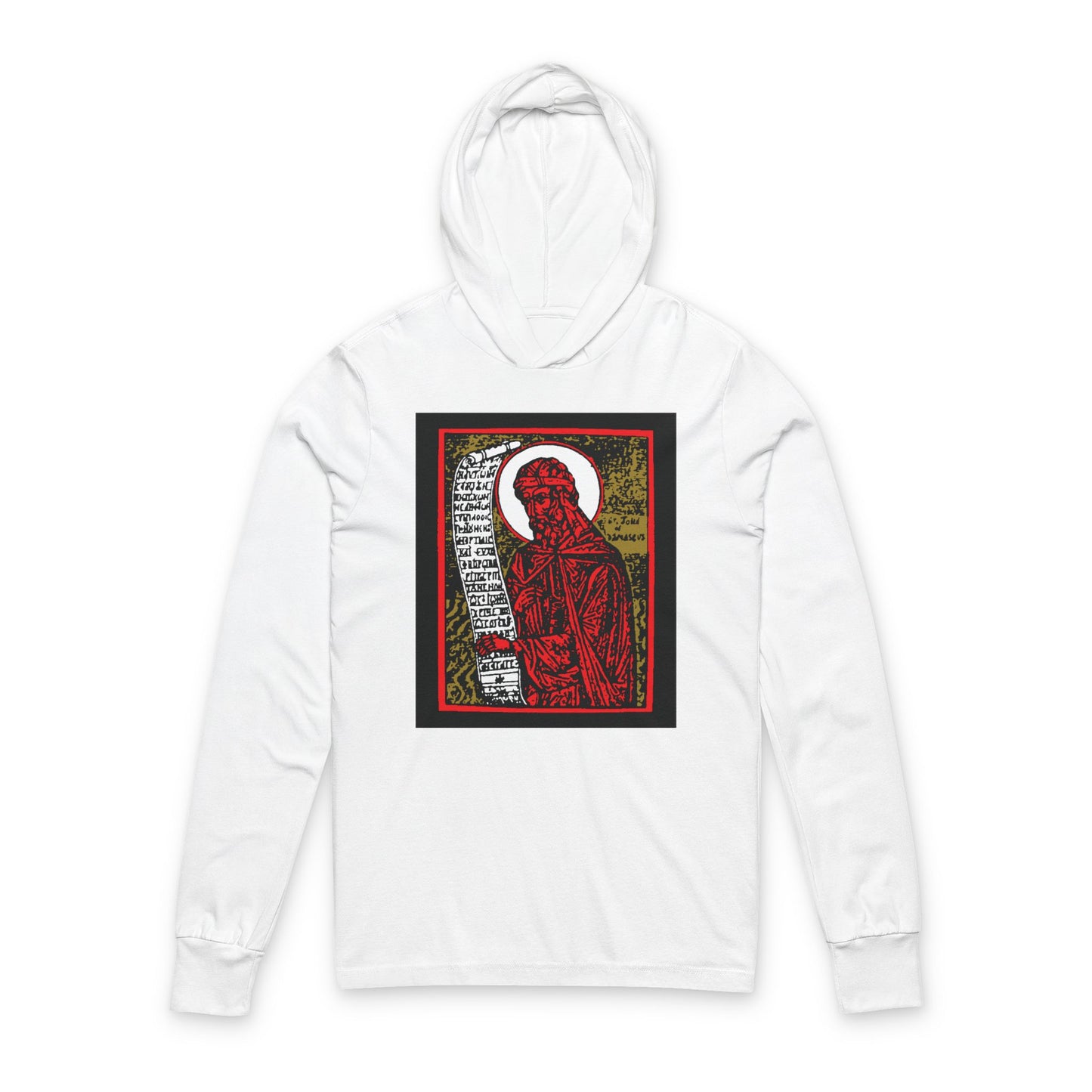 White long sleeve hooded cotton shirt featuring a red, gold, and black high-contrast St. John of Damascus iconographic design, inspired by Orthodox Christian art and funeral hymns.