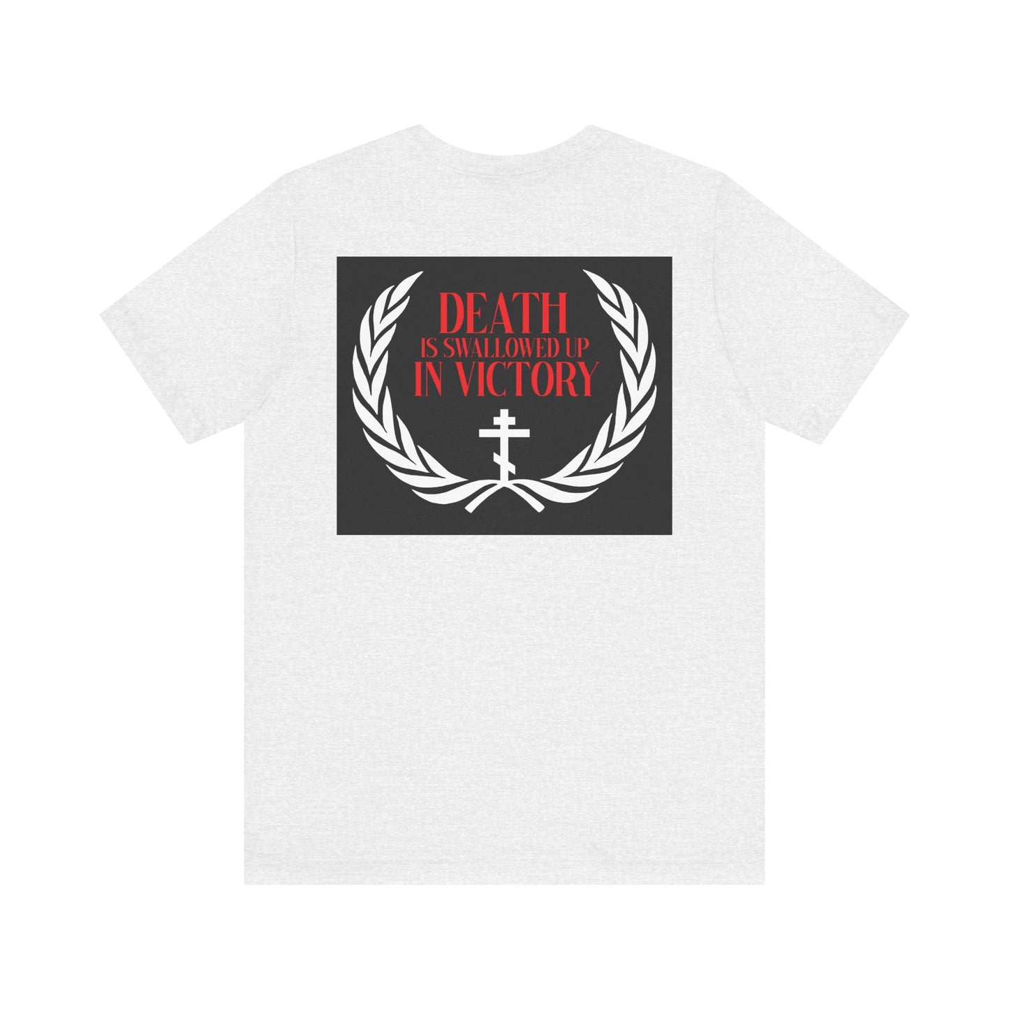 The Archangel Michael of the Apocalypse double-sided t-shirt features a laurel wreath, cross, and red “Death is swallowed up in victory” text, inspired by the Miracle at Colossae. Lightweight cotton unisex fit.