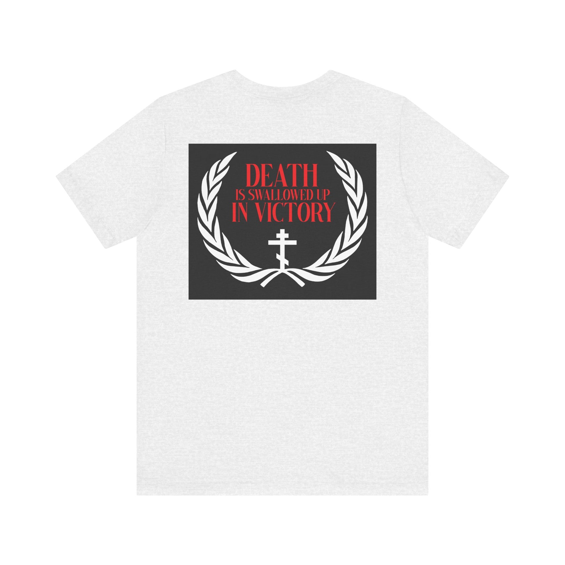 The Archangel Michael of the Apocalypse double-sided t-shirt features a laurel wreath, cross, and red “Death is swallowed up in victory” text, inspired by the Miracle at Colossae. Lightweight cotton unisex fit.