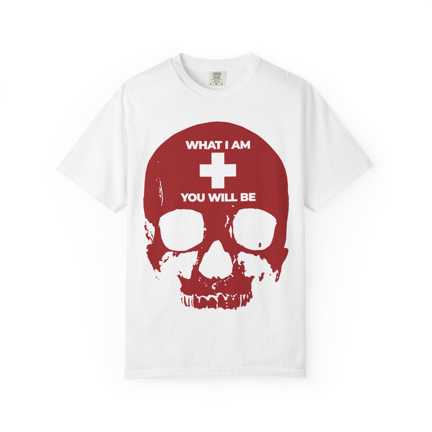 Introducing the What I Am You Will Be White Cross on Red Skull tee—a heavyweight cotton unisex t-shirt in white, featuring a vivid red skull topped by a cross and adorned with the powerful message: "WHAT I AM YOU WILL BE." This memento mori design draws inspiration from Orthodox Christian tradition and the wisdom of Ecclesiastes, serving as a bold reminder to remember you will die.