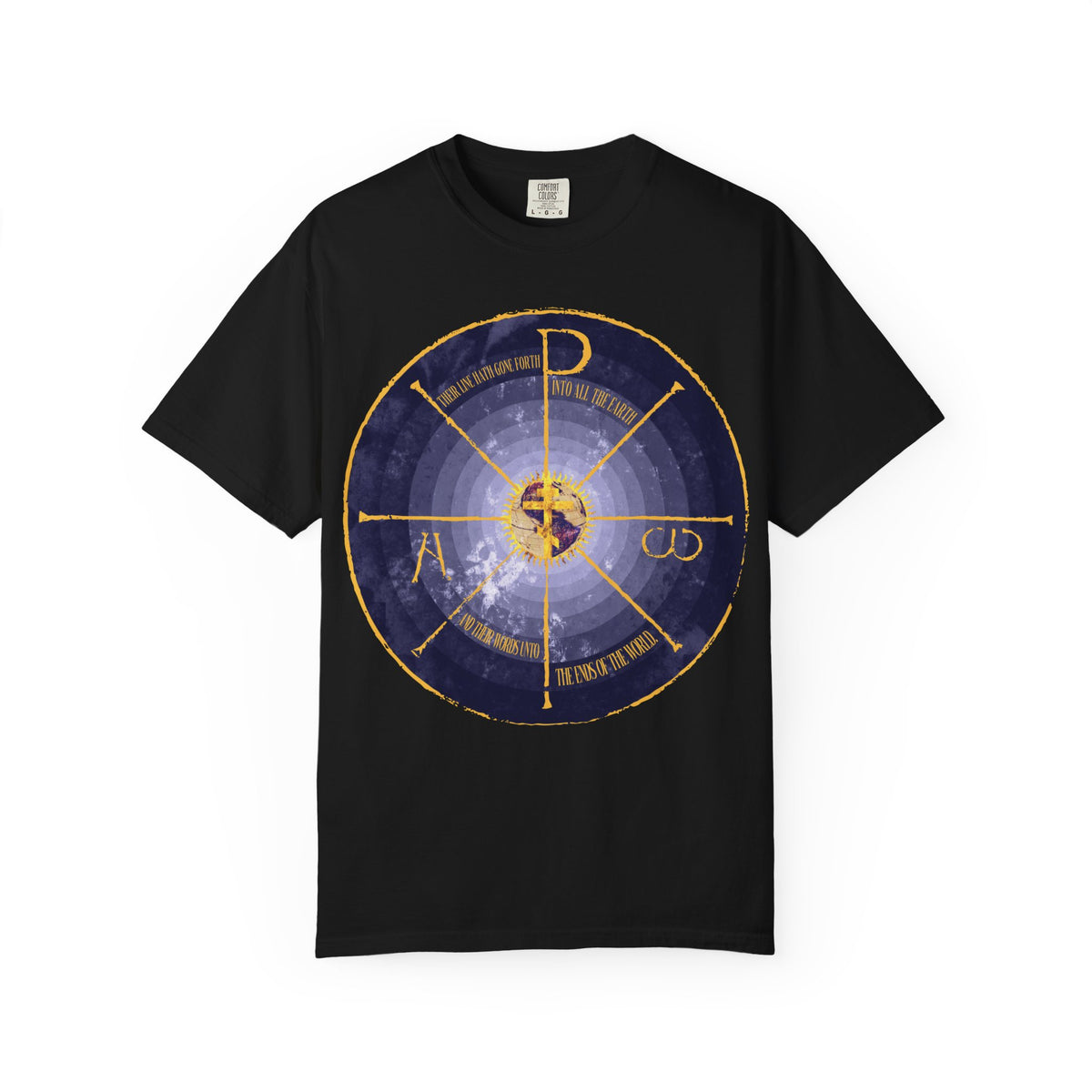 Black heavyweight cotton unisex tee featuring a blue and yellow medieval-style graphic with a geocentric cross and Chi Rho, as well as Alpha and Omega symbols at the center; inspired by Orthodox Christian tradition.