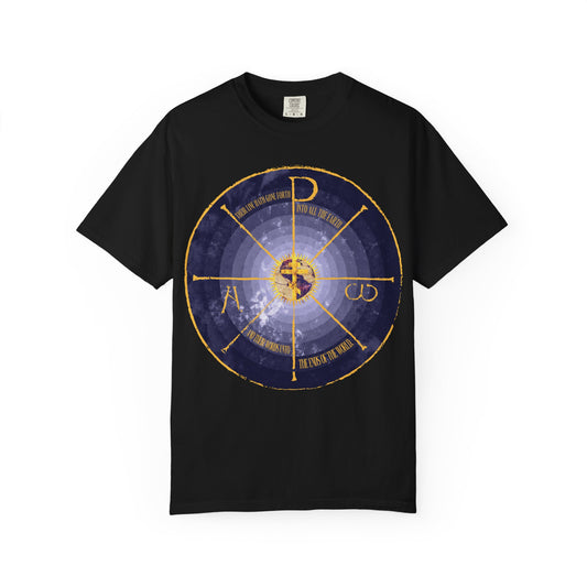 Black heavyweight cotton unisex tee featuring a blue and yellow medieval-style graphic with a geocentric cross and Chi Rho, as well as Alpha and Omega symbols at the center; inspired by Orthodox Christian tradition.