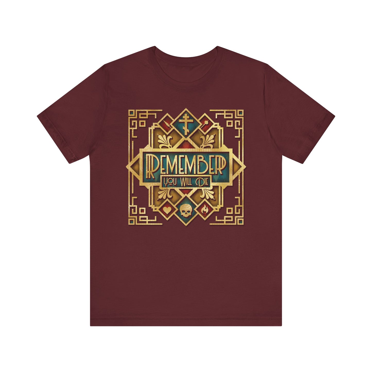 Maroon Remember You Will Die Classic Metallic Art Deco Design Orthodox Christian Lightweight Cotton Unisex T-Shirt, featuring ornate gold symbols, a skull, and text inspired by The Art of Salvation and Elder Ephraim’s reflections on eternal life.