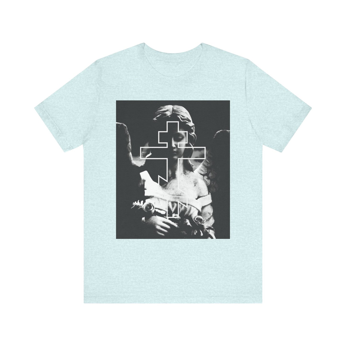 Heather Prism Ice Blue tee featuring a grayscale cemetery angel with an Orthodox cross—embrace goth aesthetic and memento mori style with this lightweight unisex "Remember You Will Die" cotton shirt.