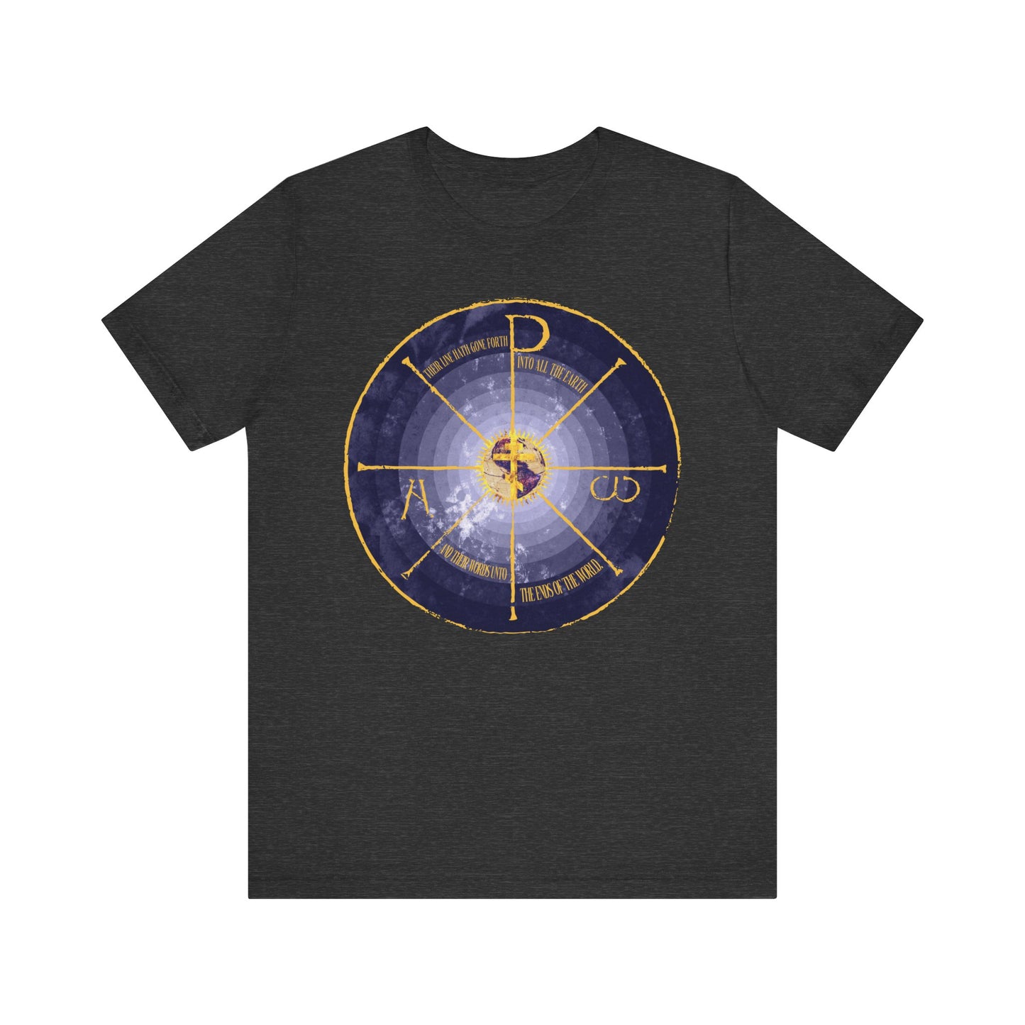 Dark Grey Heather tee with a medieval-style blue and yellow Geocentric Cross & Chi Rho graphic, featuring Greek Alpha & Omega letters. Orthodox Christian lightweight cotton unisex shirt.