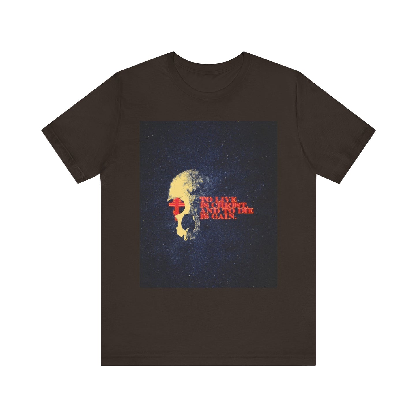 Brown t-shirt featuring retro textured, glowing letters and cross with a skull, and the text: To Live is Christ and to Die is Gain—an eye-catching design inspired by Philippians 1:21. Lightweight cotton unisex tee.