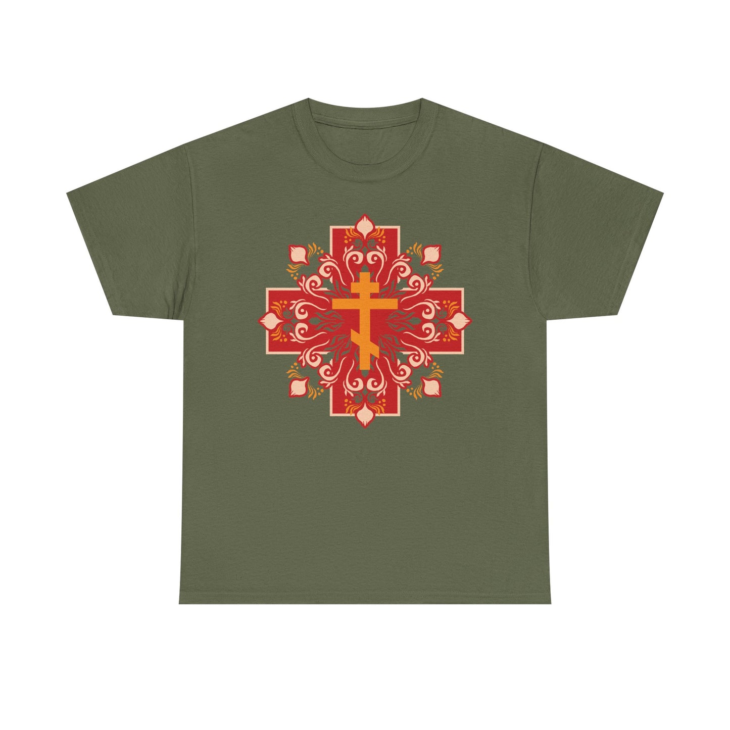 Military green t-shirt featuring an orange and red Orthodox cross with a colorful festive design and "By His Wounds You Have Been Healed" (1 Peter 2:24). Heavy cotton; perfect for Orthodox Christians.