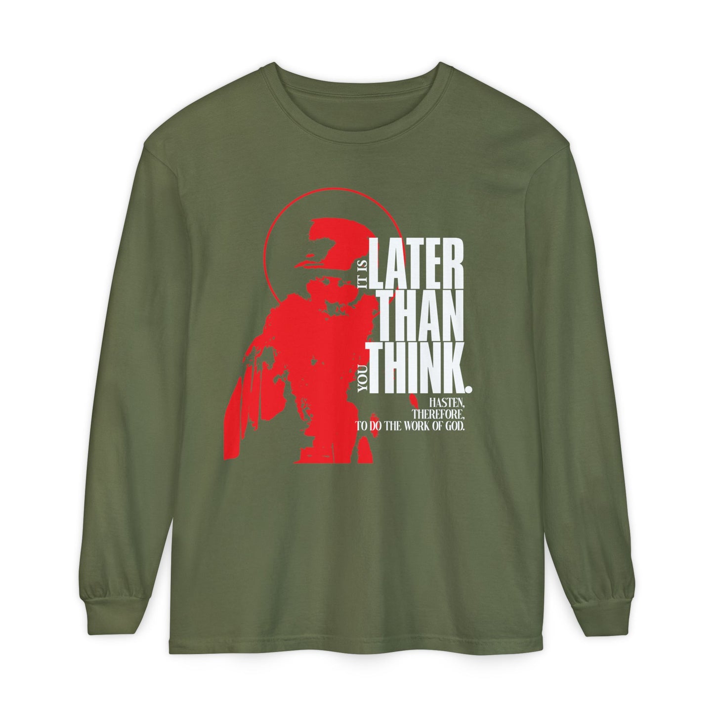 Hemp long-sleeve cotton shirt featuring a red halo graphic and "It's Later Than You Think," inspired by Seraphim Rose's apocalyptic ethos and Christian worldview—minimalist design for True Orthodoxy.
