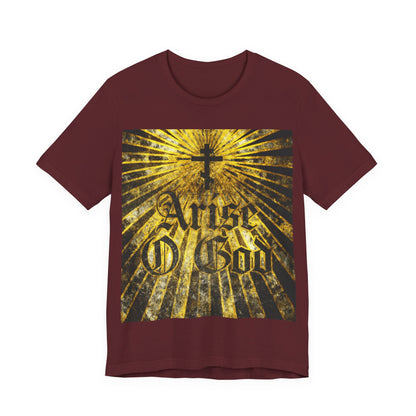 Maroon "Arise O God" t-shirt featuring Psalm 81 (82 LXX), textured gothic font, Orthodox cross, and golden rays—reflecting the Divine Council worldview. Orthodox Christian apparel.