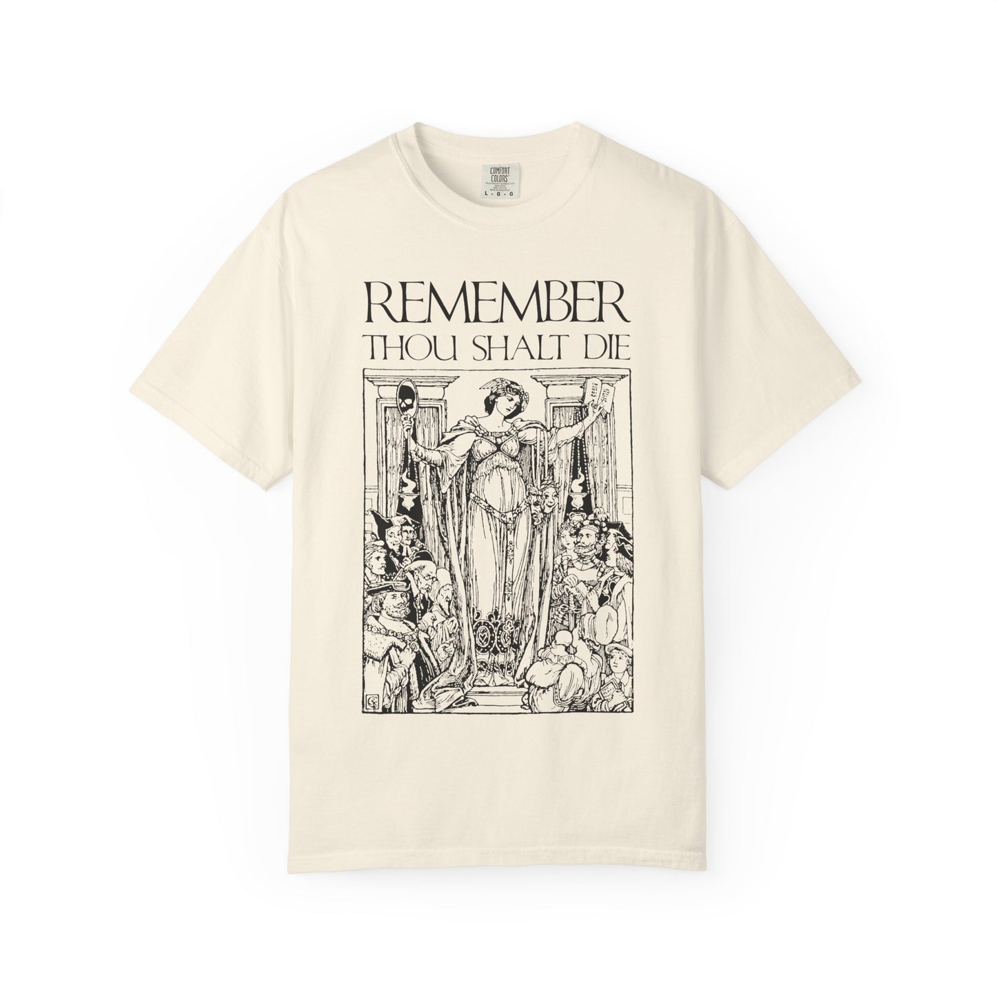Ivory heavyweight cotton unisex tee with classic woodcut illustration and “Remember You Will Die” Shakespearean design—Christian, memento mori theme inspired by life’s brevity.