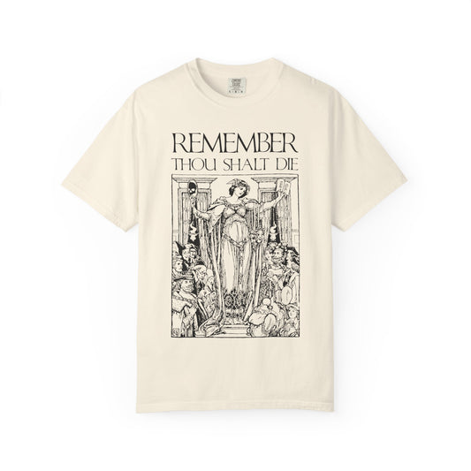 Ivory heavyweight cotton unisex tee with classic woodcut illustration and “Remember You Will Die” Shakespearean design—Christian, memento mori theme inspired by life’s brevity.