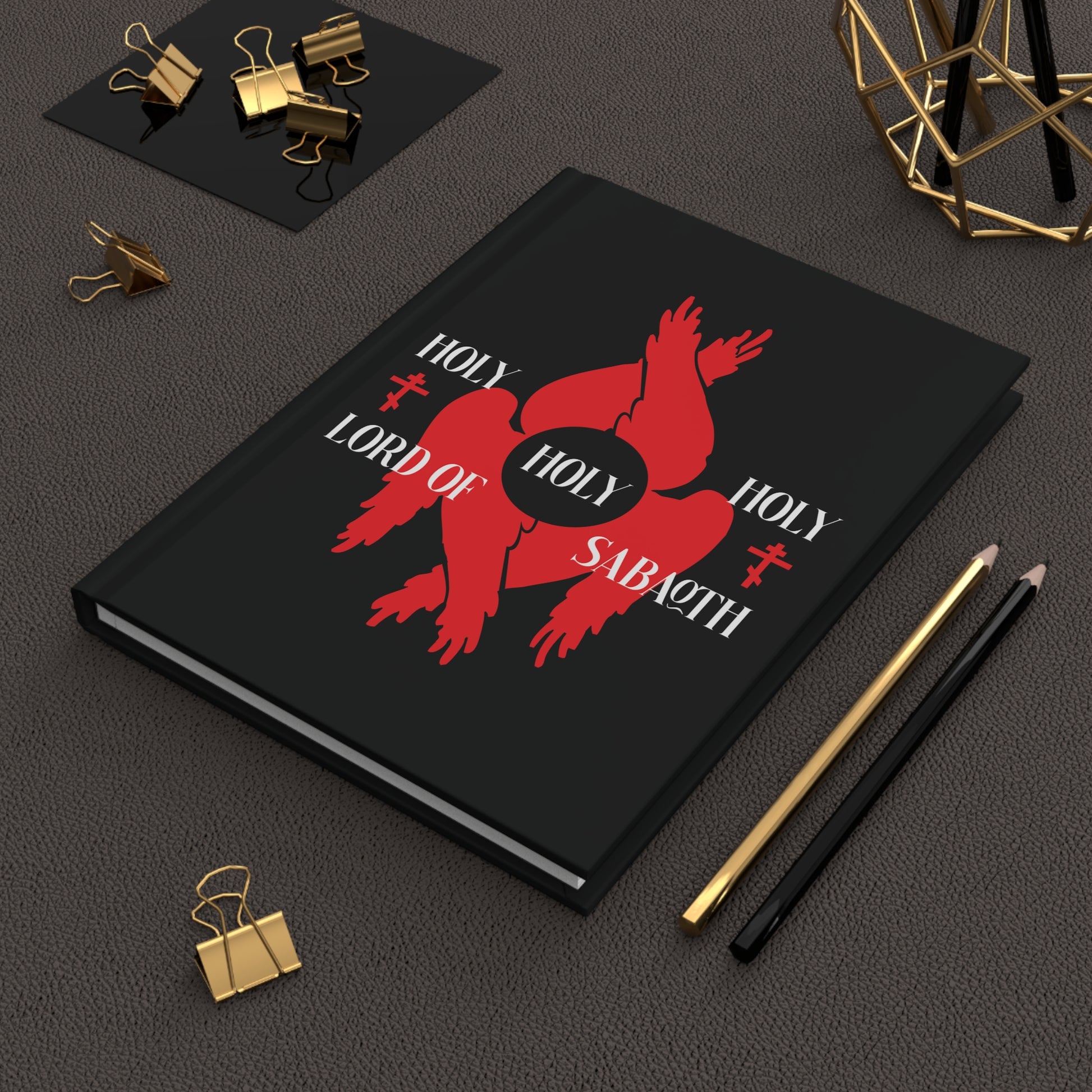 Hardcover journal with red seraphim wings and Orthodox crosses, featuring "Holy Holy Holy Lord of Sabaoth" from Isaiah 6:3 and inspired by the Divine Council—echoing the Liturgy of St John Chrysostom.