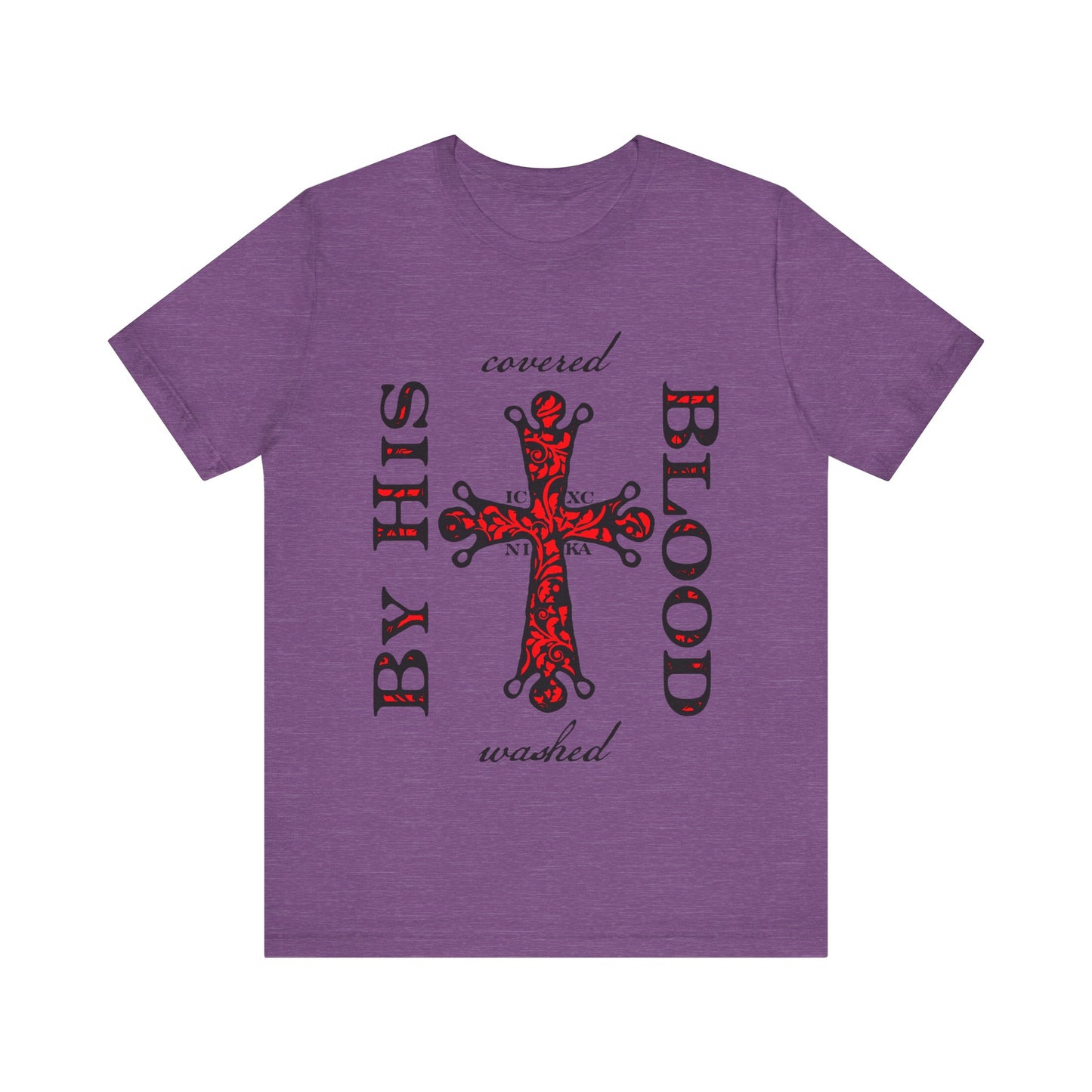 Washed/Covered By His Blood (1 John 1:7) | ICXC NIKA Ornate Red Orthodox Cross | Orthodox Christian Cotton T-Shirt