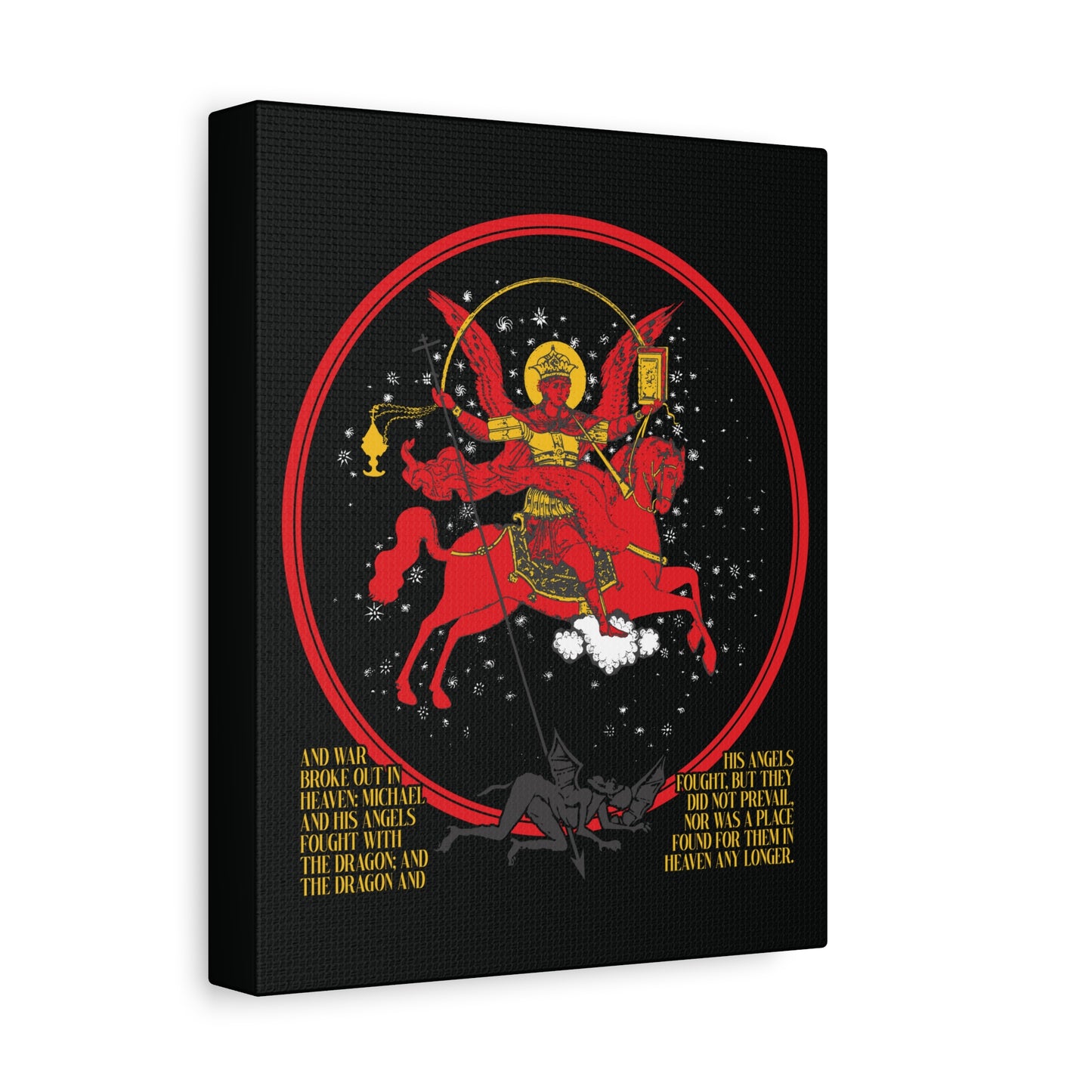 The "Archangel Michael of the Apocalypse Icono-Graphic" canvas art shows Michael in red armor on horseback defeating a dragon, inspired by Revelation 12:7-9, with gold text and a starry backdrop—symbolizing Satan cast out.