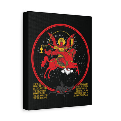The "Archangel Michael of the Apocalypse Icono-Graphic" canvas art shows Michael in red armor on horseback defeating a dragon, inspired by Revelation 12:7-9, with gold text and a starry backdrop—symbolizing Satan cast out.