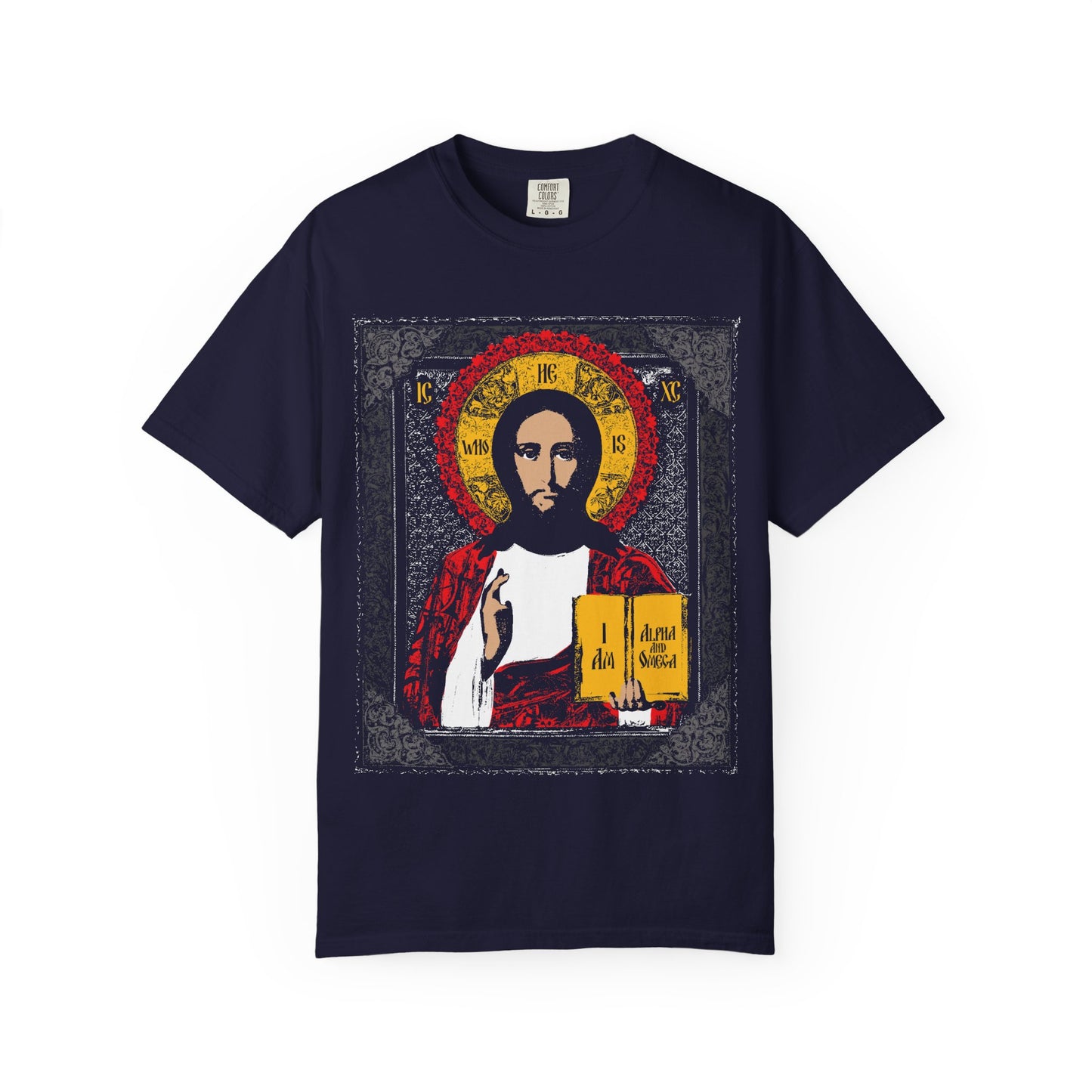 True Navy heavyweight cotton tee featuring the Christ Pantocrator Icono-Graphic design, showing Jesus with a golden halo and book inscribed "I AM," symbolizing He-Who-Is and Alpha and Omega. Unisex fit.