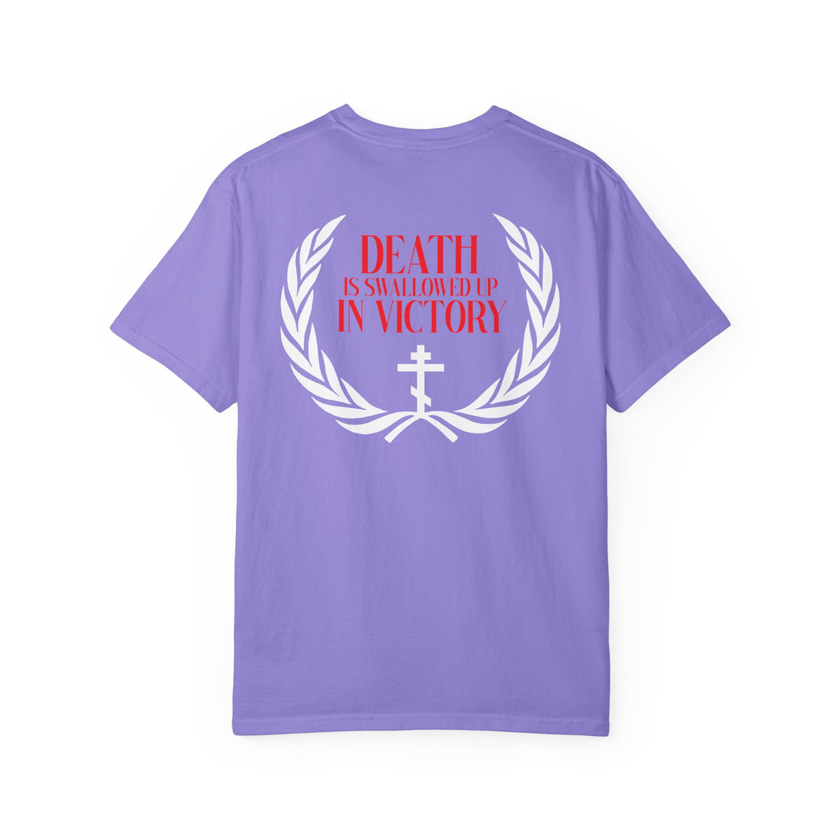 Archangel Michael of the Apocalypse Iconographic / Death is Swallowed Up In Victory DOUBLE-SIDED heavyweight cotton orthodox unisex tee in lavender, featuring the “Death is swallowed up in victory” text and a white laurel and cross design on the back, inspired by Revelation 12 and the Miracle of Archangel Michael.