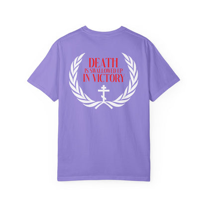 Archangel Michael of the Apocalypse Iconographic / Death is Swallowed Up In Victory DOUBLE-SIDED heavyweight cotton orthodox unisex tee in lavender, featuring the “Death is swallowed up in victory” text and a white laurel and cross design on the back, inspired by Revelation 12 and the Miracle of Archangel Michael.